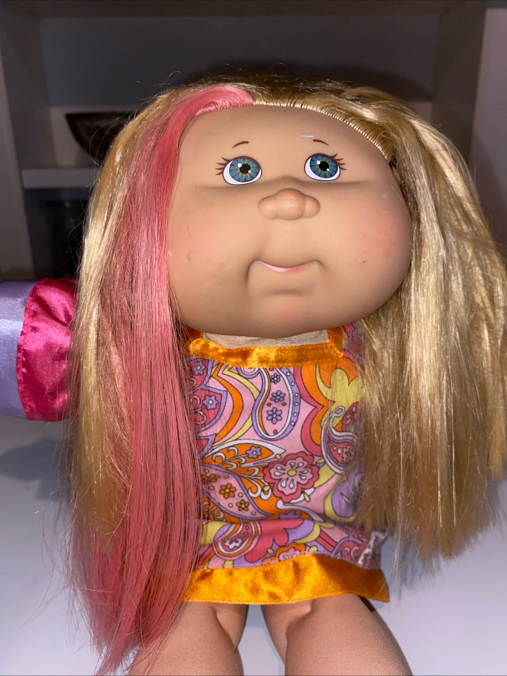 Vintage Plush Blonde Doll with Pink Streaked Hair and Colorful Outfit